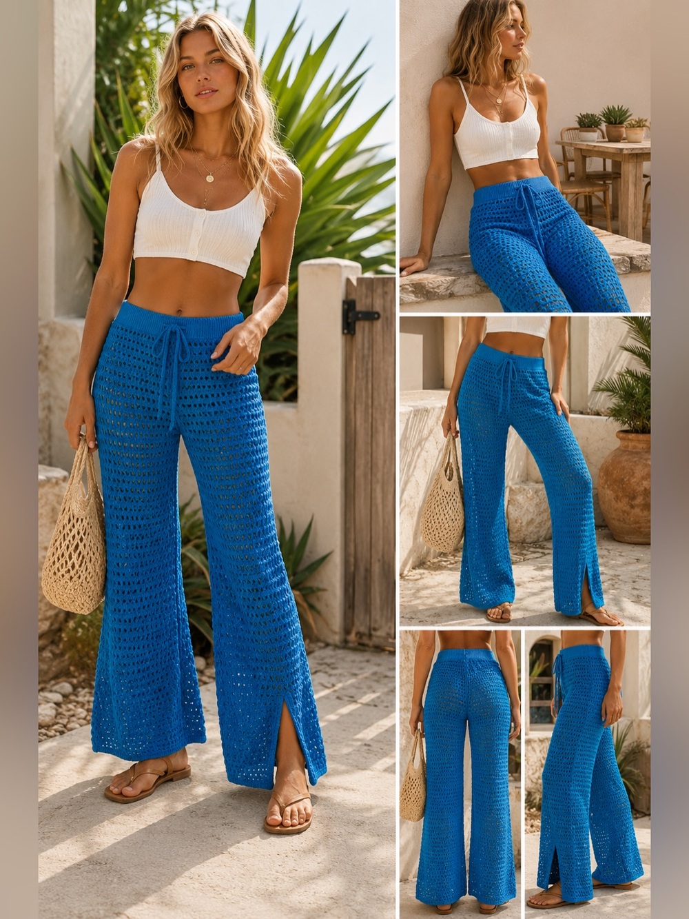 Aerie Vacay Crochet Cover Up Pants Teal Blue Cotton Wide Leg Beach S Resortwear